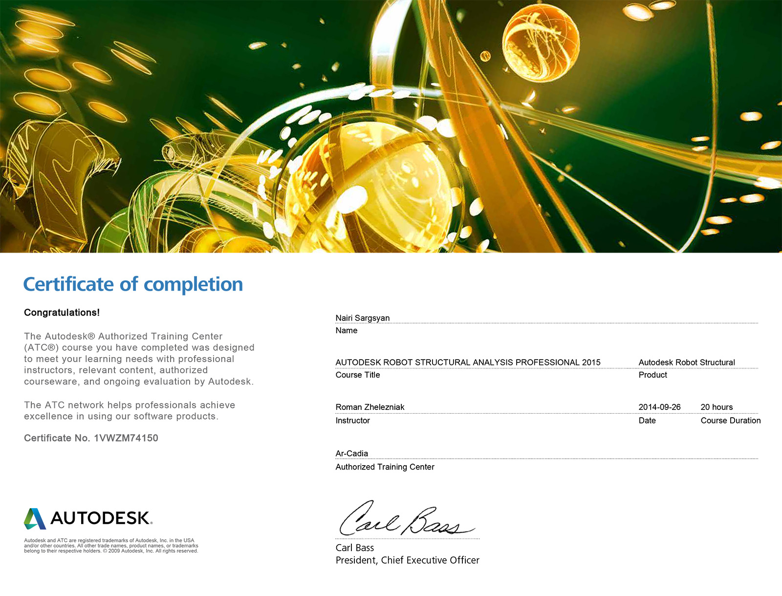 Certificate Autodesk Robot Structural Analysis Professional