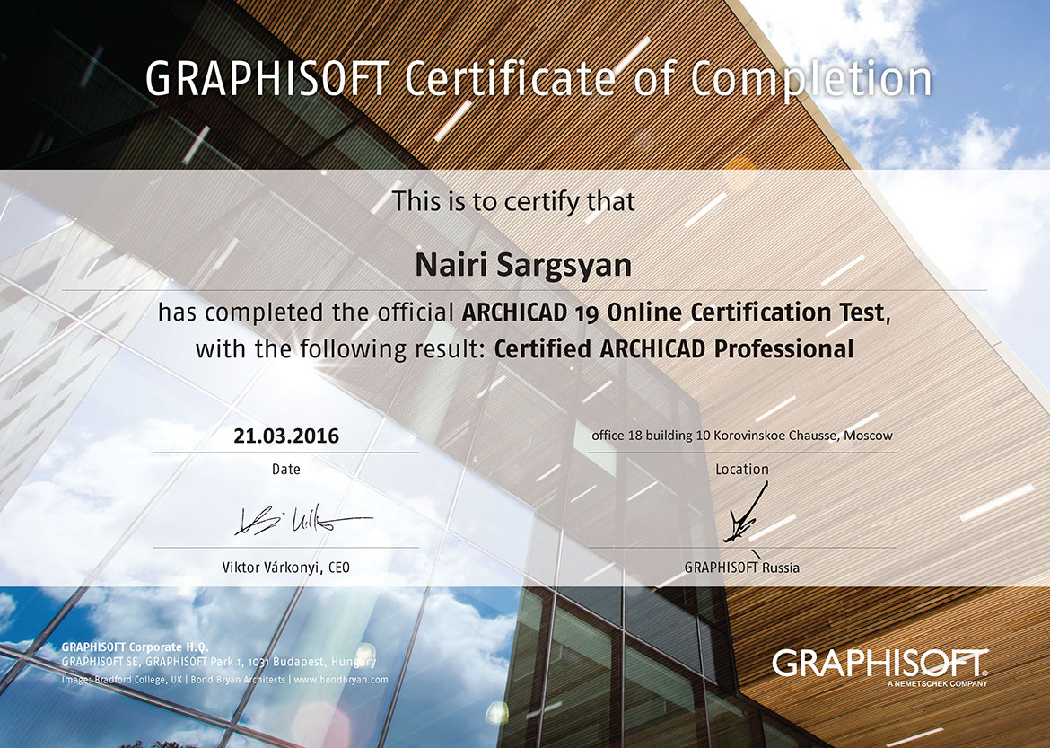 Certificate Graphisoft ArchiCad