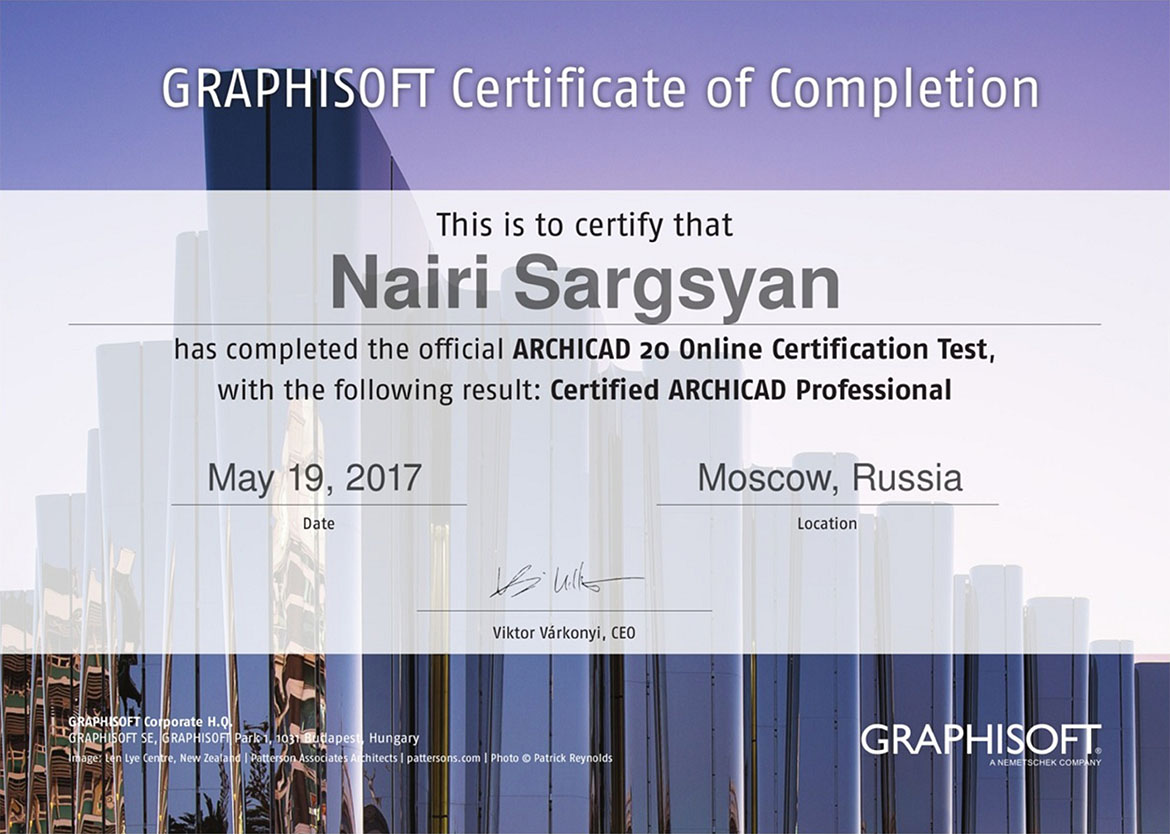 Certificate Graphisoft ArchiCad